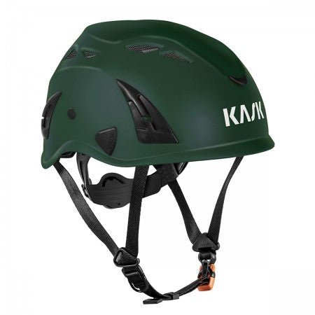 KASK Superplasma AQ Safety Helmet in green, front view, showing lamp attachment points and chinstrap loop