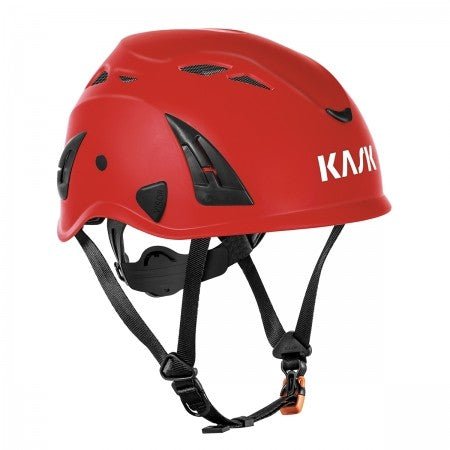 KASK Superplasma AQ Safety Helmet in red, front view, showing size adjustment system and ventilation channels