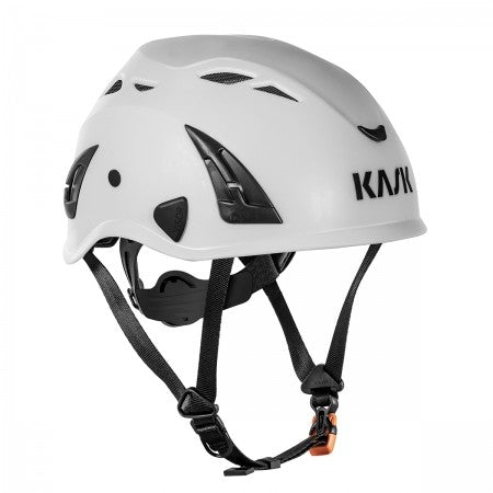 KASK Superplasma AQ Safety Helmet in white, front view, showing visor attachment points and anti-intrusion mesh