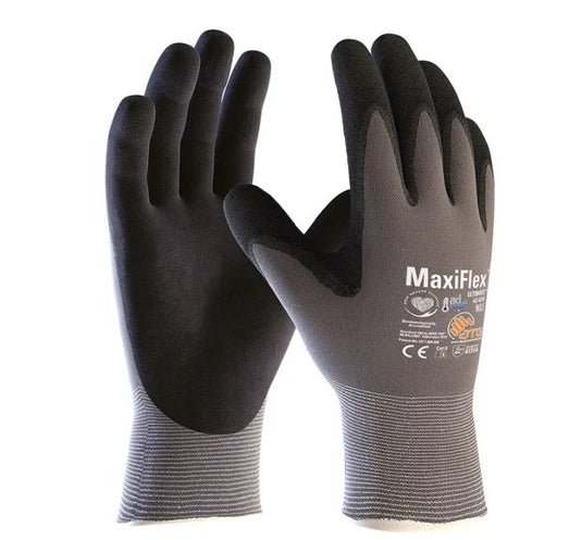 Keypoint MaxiFlex Ultimate Adapt Glove 42-874 with black palm coating, grey knitted back and MaxiFlex branding, shown from the palm and back
