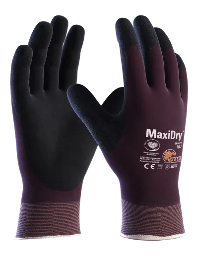 Keypoint MaxiDry Fully Coated Glove 56427 with black coating, purple back and knitted cuff, shown from the palm and back
