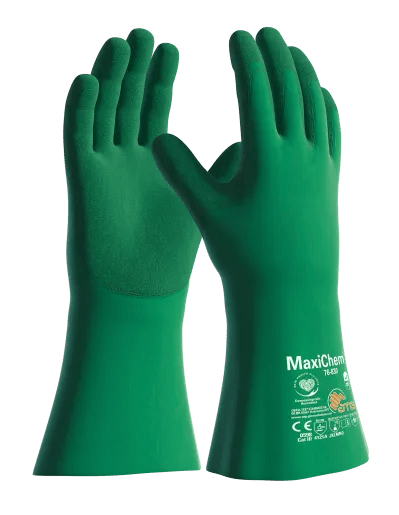 Keypoint MaxiChem Chemical Glove 76830 in green, shown from the palm and back with long gauntlet cuffs and MaxiChem branding
