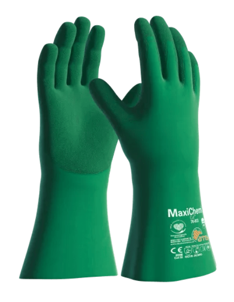 Keypoint MaxiChem Cut Chemical Glove 76833 in green, shown from the palm and back with long gauntlet cuffs and MaxiChem branding