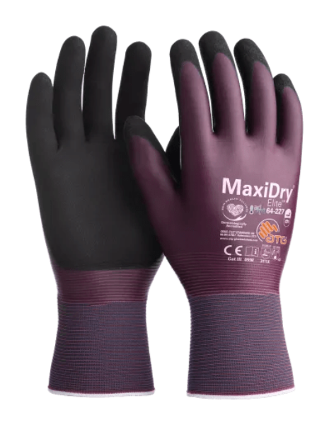 Elite Adapt Fully Coated Glove, back of hand view showing the fully coated finish and palm view showing the full oil-repellent coating