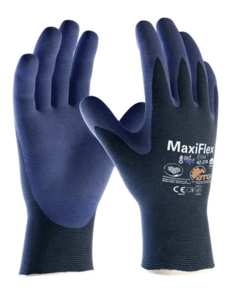 Keypoint MaxiFlex Elite Adapt Safety Glove in blue, shown from the palm and back with the MaxiFlex logo on the back of the hand