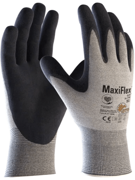 Keypoint MaxiFlex Elite ESD Safety Glove, palm view showing the thin palm coating and back of hand view showing the breathable knit