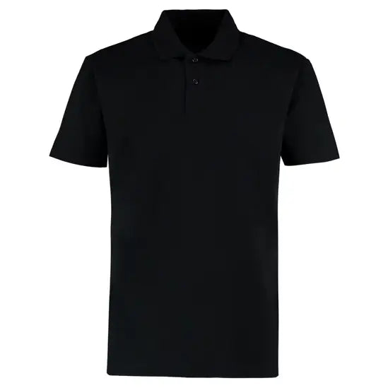 Front view of the Kustom Kit KK403 Klassic polo shirt in black, featuring a classic short sleeve design, ribbed collar and cuffs, button placket neckline and a smooth fabric finish, suitable for workwear, uniforms and embroidery, photographed on a white background.