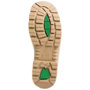 Close-up of a tan shoe sole with green accents on a white background. Slip-resistant outsole on Steel Blue safety boots offered by Kustom Workwear.