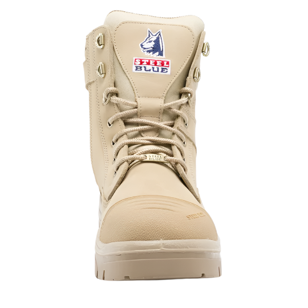 Front view of Steel Blue sand-color zip boot – trusted workwear by Kustom Workwear