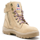 Steel Blue Sand Ladies Safety Boots with front-side angle showing YKK zip, 761 marking, and purple laces for secure fit and ease of access.