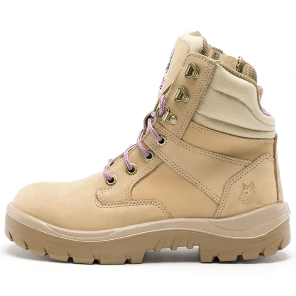 Beige boot with purple laces on a white background.