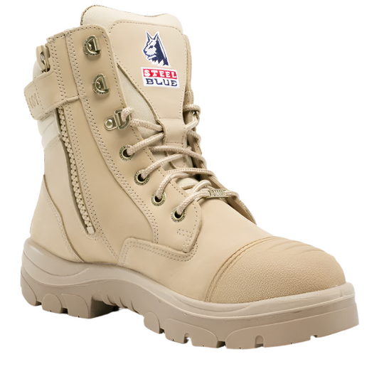 Steel Blue Southern Cross Zip boots in sand from Kustom Workwear – front view