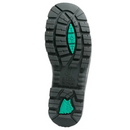 Close-up of a black and green boot sole with tread pattern on a white background.