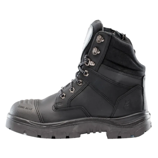 Angled front shot of black Southern Cross boots showing reinforced toe cap and logo on padded tongue.