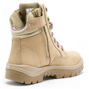Rear-side angled view of Steel Blue Ladies Safety Boots in sand colour, featuring padded collar, pink trim, and wolf head logo embossed on the heel.