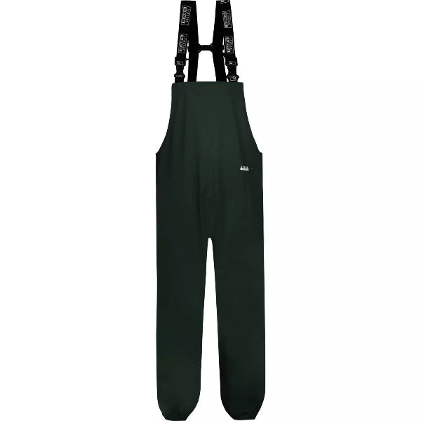 Front view of the Lyngsoe LR1455‑08 bib and brace waterproof rain trousers in green, featuring adjustable braces and full‑length leg coverage, photographed on a white background.