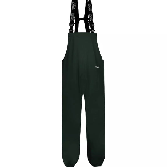 Front view of the Lyngsoe LR1455‑08 bib and brace waterproof rain trousers in green, featuring adjustable braces and full‑length leg coverage, photographed on a white background.