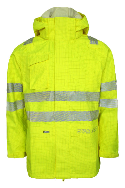 Back view of the Lyngsoe LR18055‑53 ARC jacket in hi‑vis yellow, featuring reflective tape, extended back hem and adjustable hood, photographed on a white background.