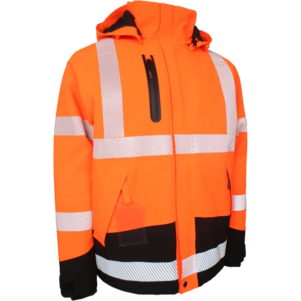 Lyngsoe Winter Jacket 4WS‑9097 hi vis orange front view with reflective bands and black lower panels
