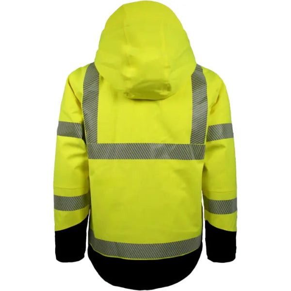 Lyngsoe Winter Jacket 4WS‑9097 hi vis yellow back view with reflective stripes and contrasted lower section