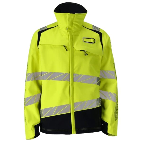 Front view of the Mascot Hi-Vis Flame Retardant Jacket 21002-335 in two-toned fluorescent fabric with reflective strips and high collar.