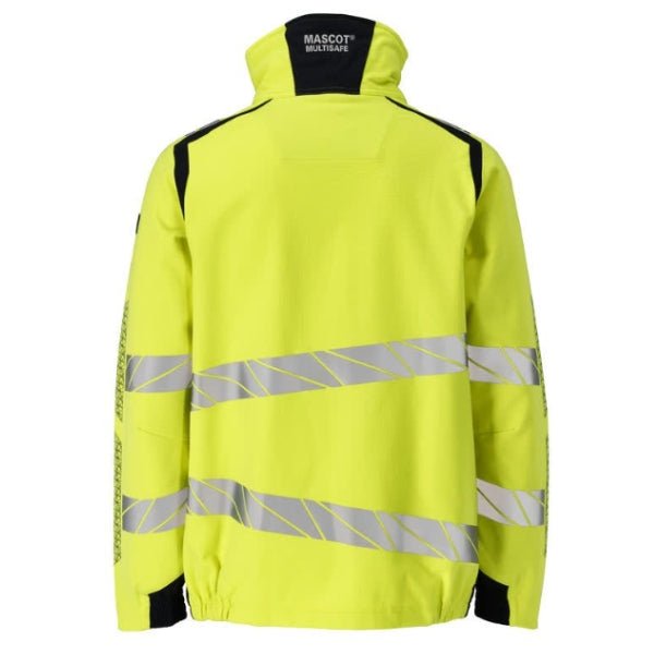 Back view of the Mascot 21009-284 flame retardant Hi-Vis jacket showing hi-vis yellow panels, reflective strips and elastic waist hem.