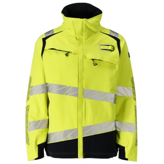 Front view of the Mascot Accelerate Multisafe Hi-Vis Flame Retardant Jacket 21009-284 in hi-vis yellow and dark navy showing zip fastening, storm flap and reflective strips.