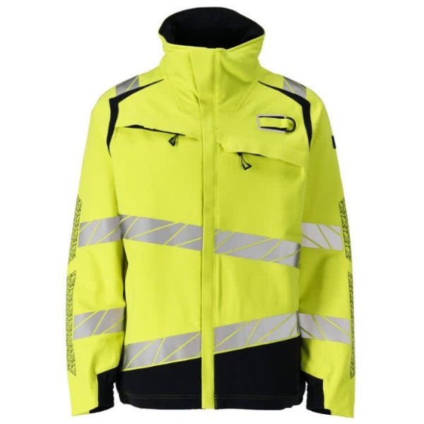 Front view of the Mascot Accelerate Multisafe Hi-Vis Flame Retardant Jacket 21009-284 in hi-vis yellow and dark navy showing zip fastening, storm flap and reflective strips.