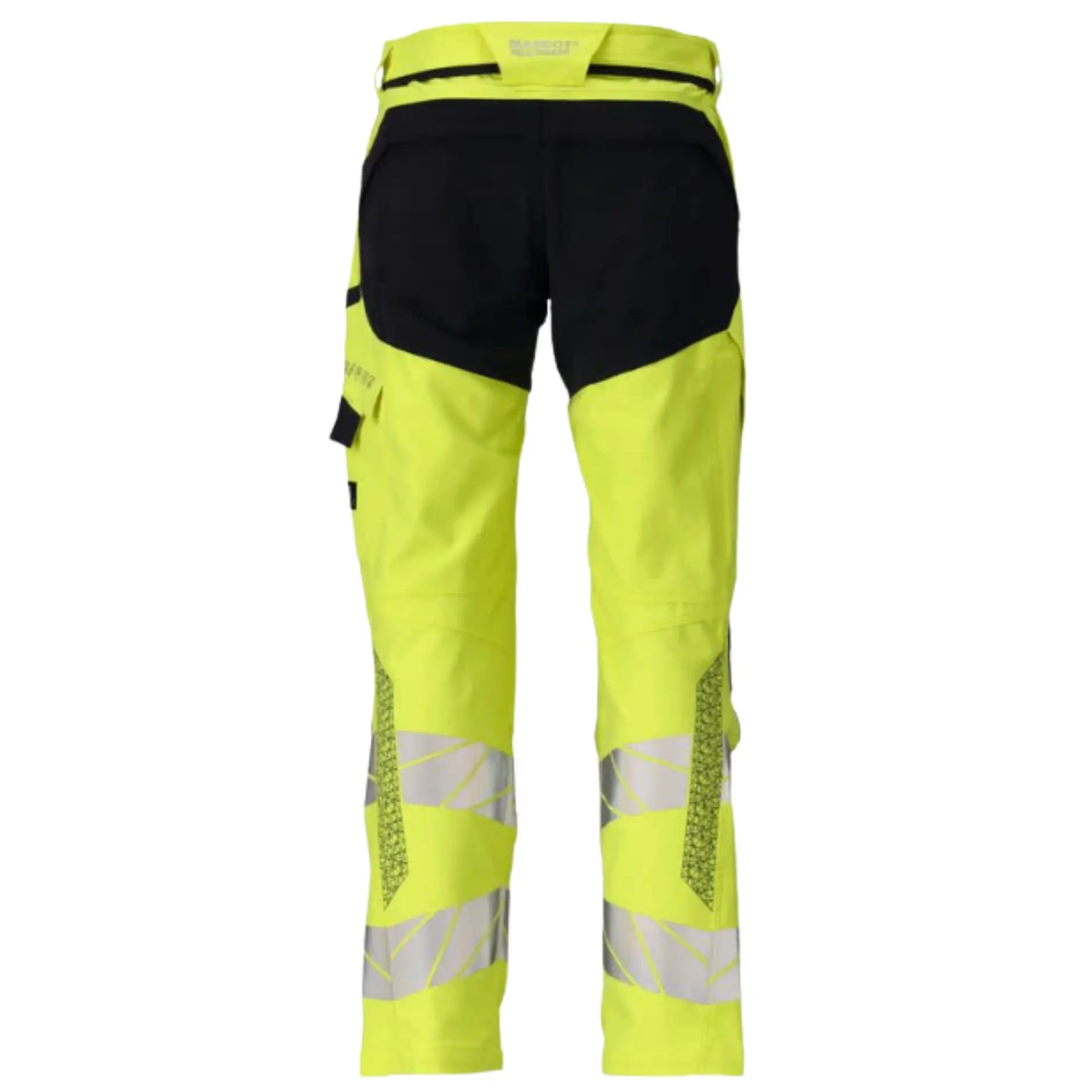 Back view of the Mascot Accelerate Hi-Vis Flame Retardant Work Trousers 21079-284 in hi-vis yellow and dark navy showing back pockets, reflective tape and ergonomic leg construction.