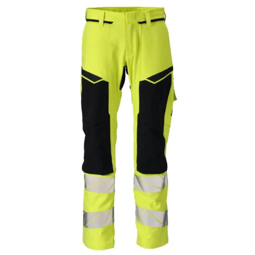 Front view of the Mascot Accelerate Hi-Vis Flame Retardant Work Trousers 21079-284 in hi-vis yellow and dark navy showing CORDURA kneepad pockets and reflective tape.