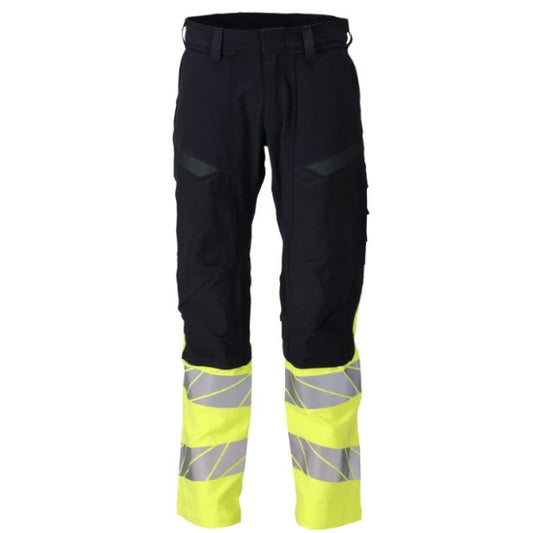 Front view of the Mascot Accelerate Flame Retardant Work Trousers 21179-284 in dark navy and hi-vis yellow showing CORDURA kneepad pockets and reflective tapes.