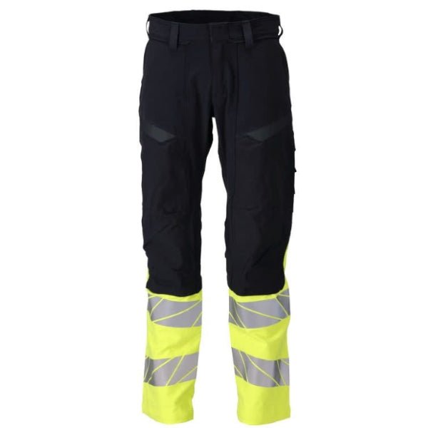 Front view of the Mascot Accelerate Flame Retardant Work Trousers 21179-284 in dark navy and hi-vis yellow showing CORDURA kneepad pockets and reflective tapes.
