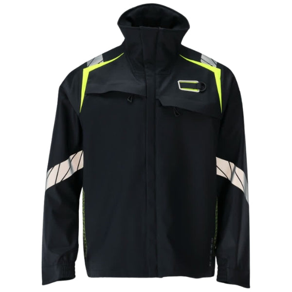 Front view of the Mascot Flame Retardant Softshell Jacket 21202-335 in black with high collar, chest zip pockets and quick-release zip fastening.