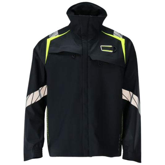 Front view of the Mascot Flame Retardant Softshell Jacket 21202-335 in black with high collar, chest zip pockets and quick-release zip fastening.