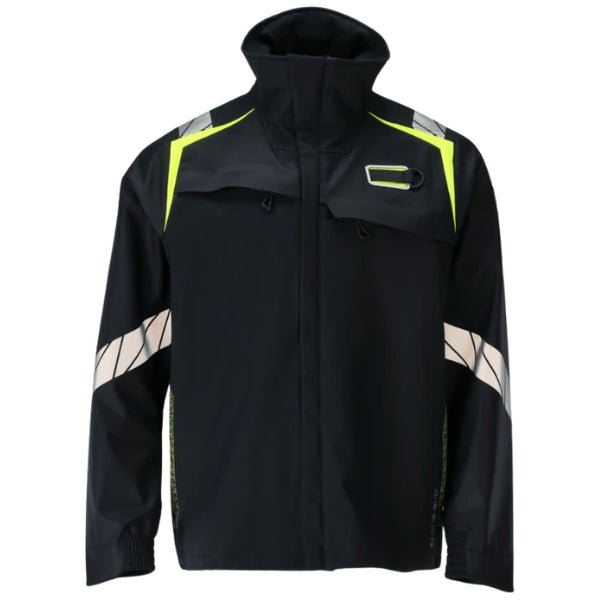 Front view of the Mascot Flame Retardant Softshell Jacket 21202-335 in black with high collar, chest zip pockets and quick-release zip fastening.