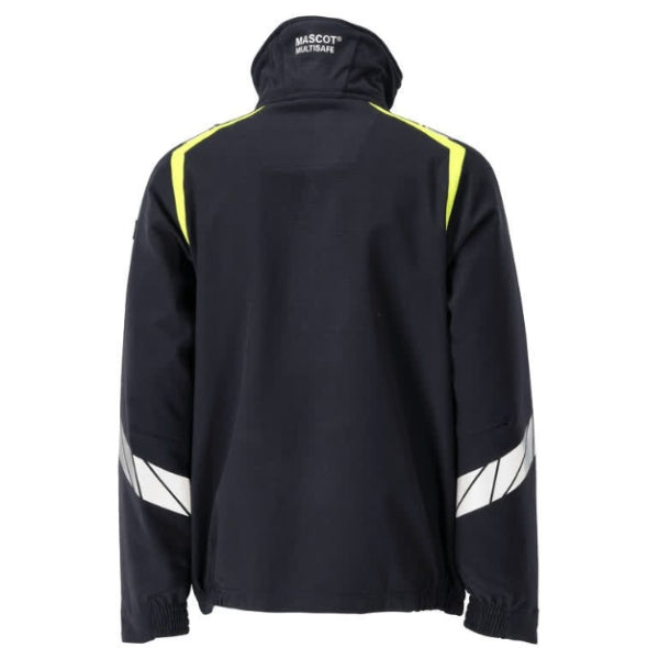 Back view of the Mascot Accelerate Multisafe Flame Retardant Jacket 21209-284 in dark navy showing hi-vis yellow shoulder panels, segmented reflective tape on sleeves and elastic waist hem.