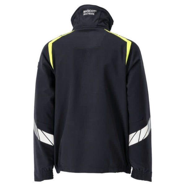 Back view of the Mascot Accelerate Multisafe Flame Retardant Jacket 21209-284 in dark navy showing hi-vis yellow shoulder panels, segmented reflective tape on sleeves and elastic waist hem.