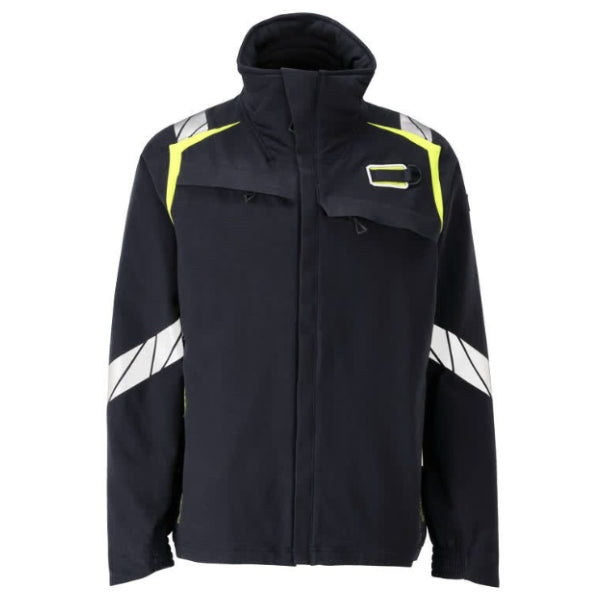 Front view of the Mascot Accelerate Multisafe Flame Retardant Jacket 21209-284 in dark navy showing zip fastening, storm flap and chest pocket layout.