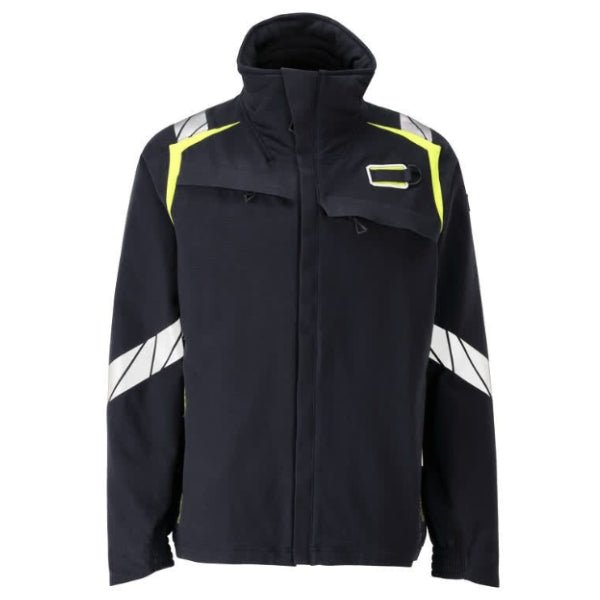 Front view of the Mascot Accelerate Multisafe Flame Retardant Jacket 21209-284 in dark navy showing zip fastening, storm flap and chest pocket layout.