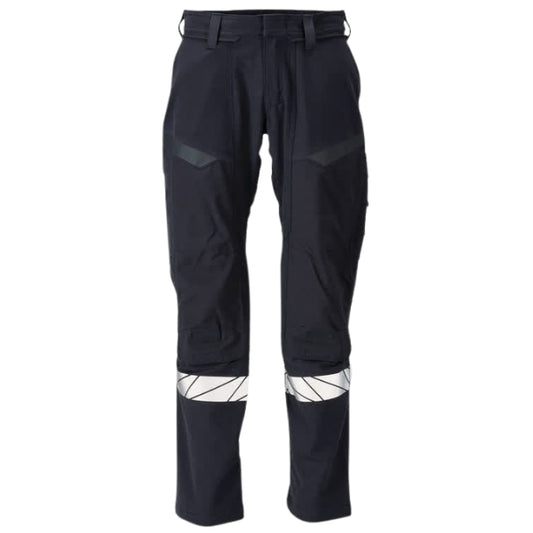Front view of the Mascot Flame Retardant Stretch Trousers 21279-284 with reflective leg detailing and kneepad pockets.