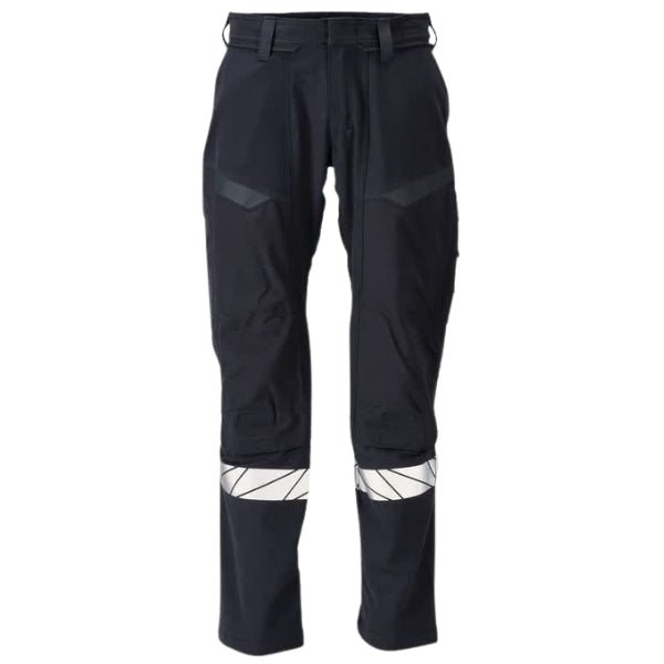 Front view of the Mascot Flame Retardant Stretch Trousers 21279-284 with reflective leg detailing and kneepad pockets.