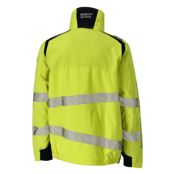 Back view of the Mascot Accelerate Hi-Vis Flame Retardant Jacket 21309-281 in hi-vis yellow and dark navy showing oblique reflective strips and elastic waist hem.