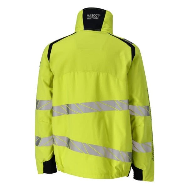 Back view of the Mascot Accelerate Hi-Vis Flame Retardant Jacket 21309-281 in hi-vis yellow and dark navy showing oblique reflective strips and elastic waist hem.