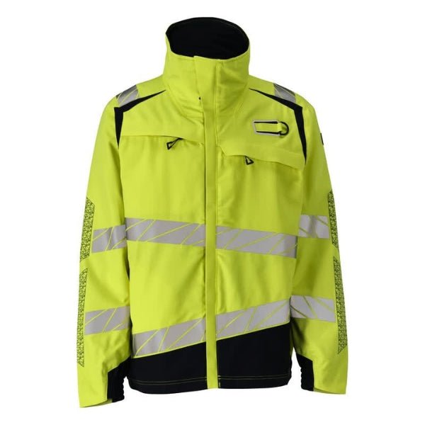 Front view of the Mascot Accelerate Hi-Vis Flame Retardant Jacket 21309-281 in hi-vis yellow and dark navy showing zip fastening, storm flap and oblique reflective strips.