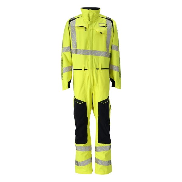 Front view of the Mascot Hi-Vis flame retardant boilersuit 21319-281, two-tone hi-vis design with reinforced CORDURA kneepad pockets.
