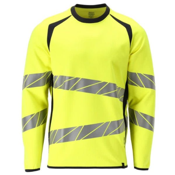 Front view of the Mascot Flame Retardant Hi-Vis Sweatshirt 21384-337 featuring fluorescent panels and reflective strips.