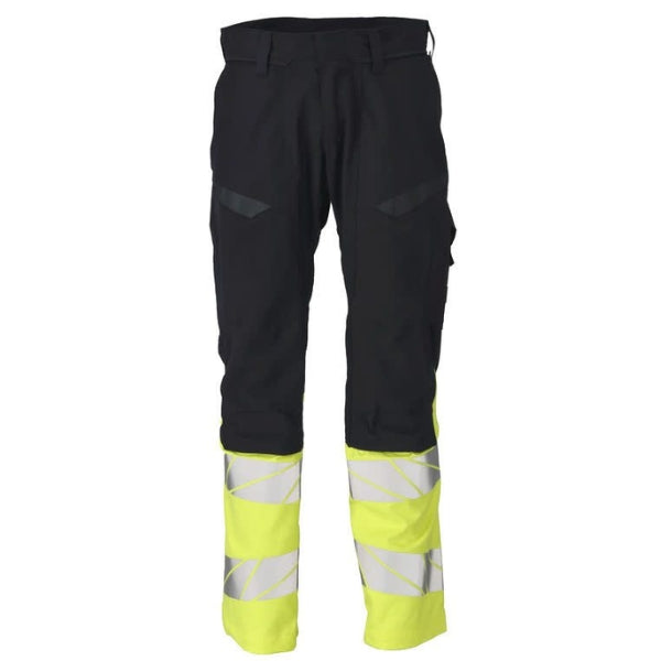 Front view of the Mascot Flame Retardant Work Trousers 21479-281 in two-toned fabric with CORDURA kneepad pockets and reflective tape.