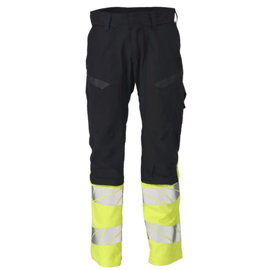 Front view of the Mascot Flame Retardant Work Trousers 21479-281 in two-toned fabric with CORDURA kneepad pockets and reflective tape.