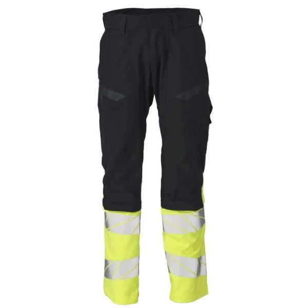 Front view of the Mascot Flame Retardant Work Trousers 21479-281 in two-toned fabric with CORDURA kneepad pockets and reflective tape.