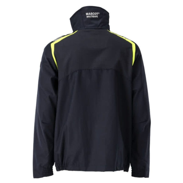 Back view of the Mascot Accelerate Flame Retardant Jacket 21509-281 in dark navy showing Stretch Zones panels and elastic waist hem.